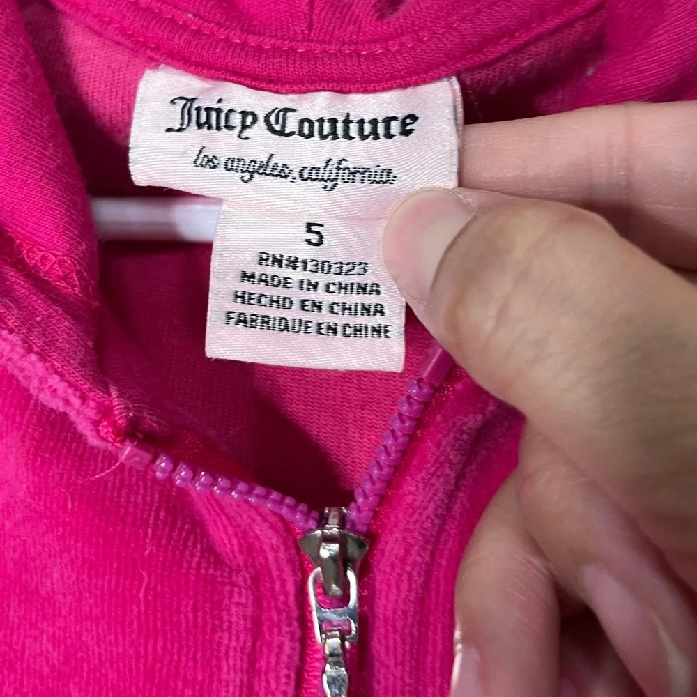 Juicy Couture Velour Zip Up Jacket Girls Size 5 Pink Crown Logo Heart Rhinestone